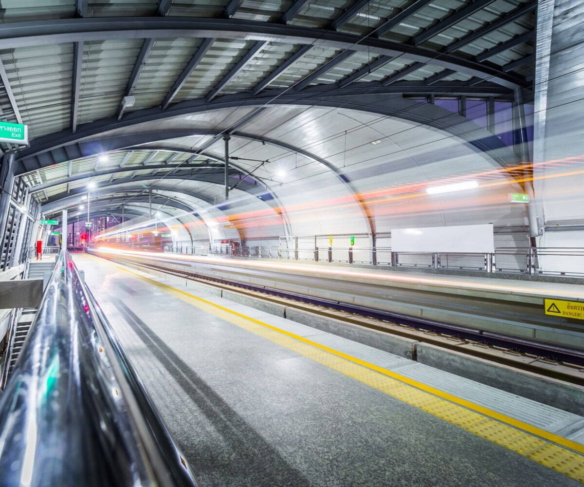 Empty train station with moving lights